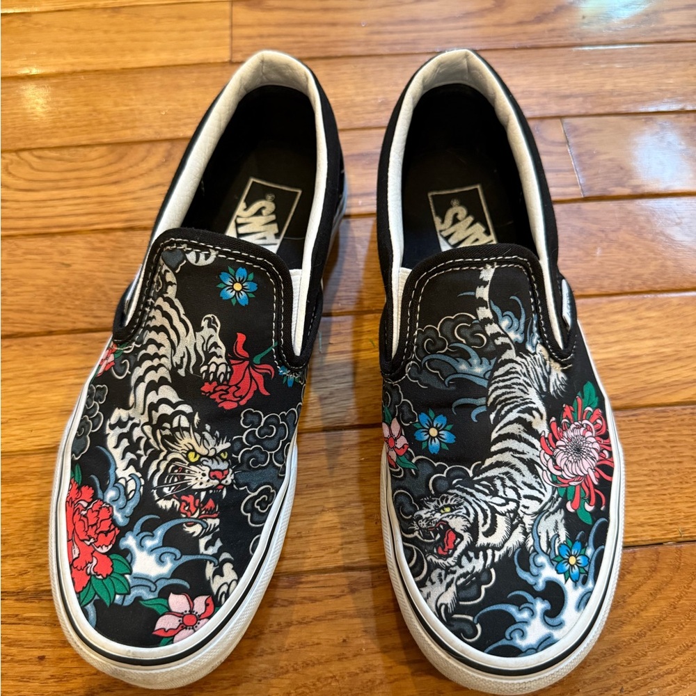 Vans Black and White Tiger Print Athletic Shoes